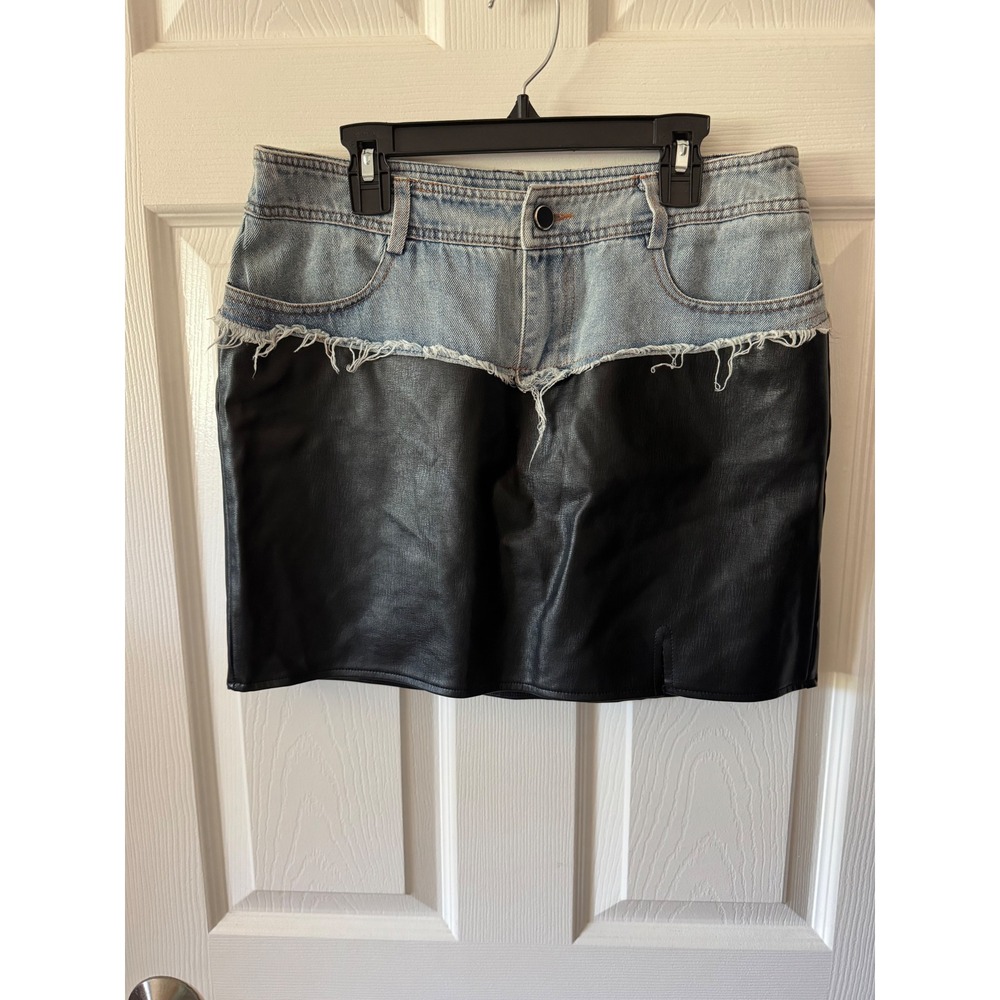 Barbie Chill‎ Mini Skirt Women Large Blue Black Denim Faux Leather Mixed Media